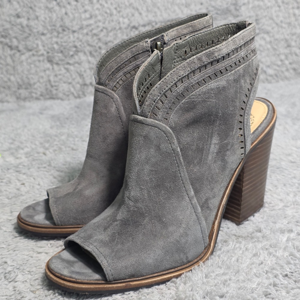 Vince Camuto‎ Peep Toe Booties Gray Suede Perforated Block Heel Womens 7.5